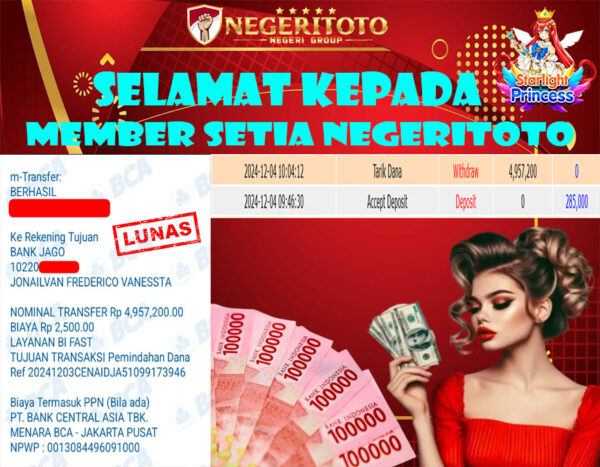 NEGERITOTO SELAMAT KEPADA MEMBER SETIA KAMI JP 4.957.200