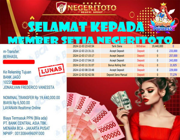 NEGERITOTO SELAMAT KEPADA MEMBER SETIA KAMI JP 19.440.000